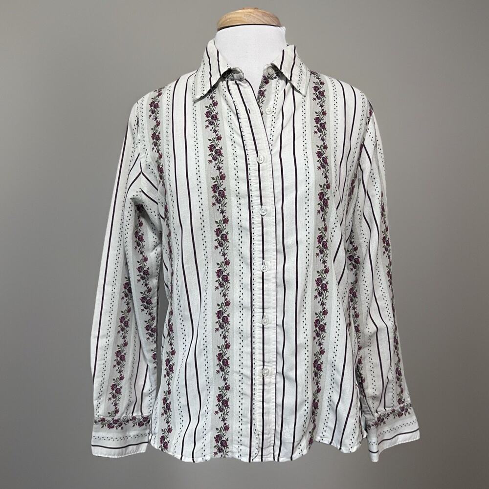 Womens Large Folk Western Petit Point Embroidery Cottagecore Button Down Shirt